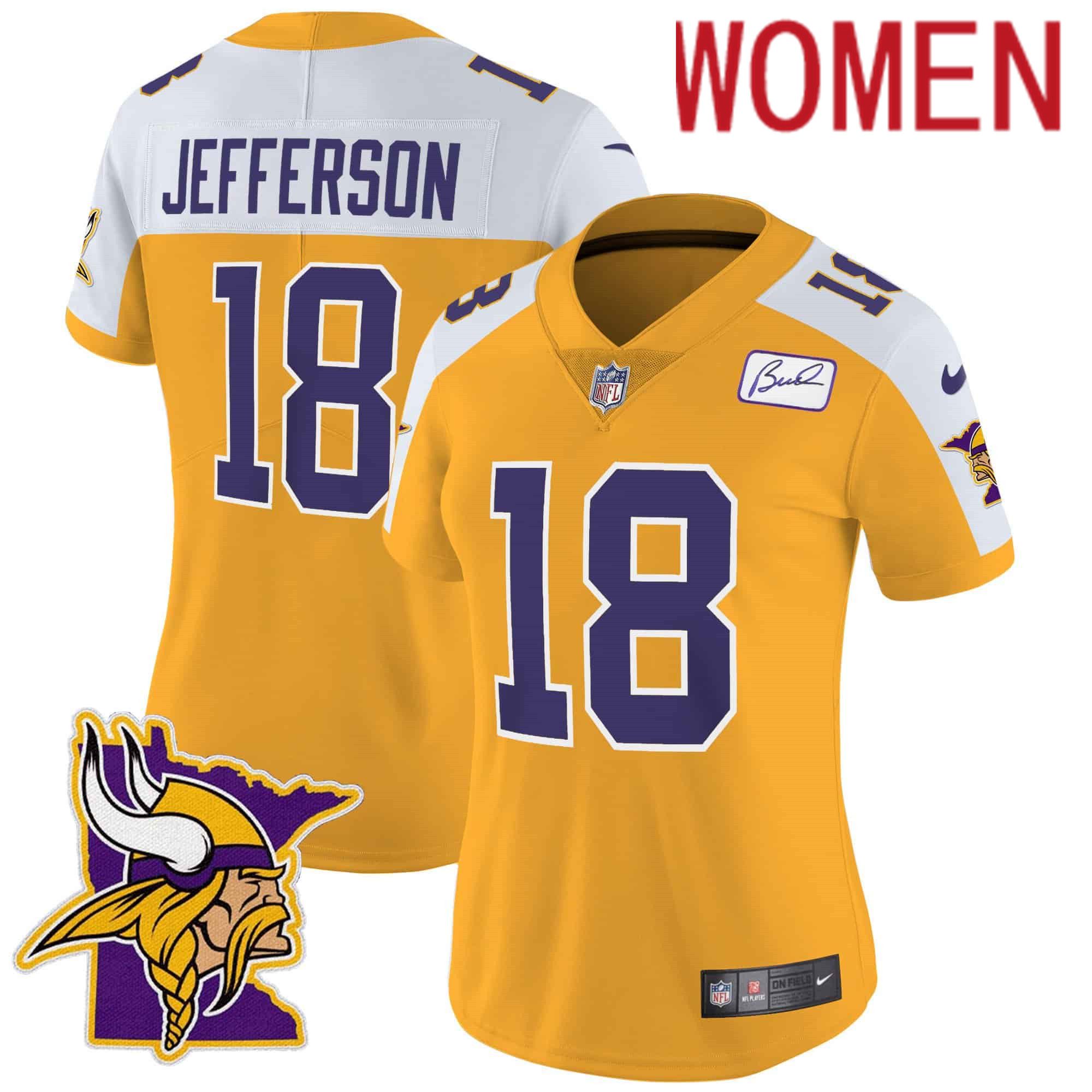 Women Minnesota Vikings #18 Jefferson Yellow 2024 Nike Patch Classic Limited NFL Jersey style 3